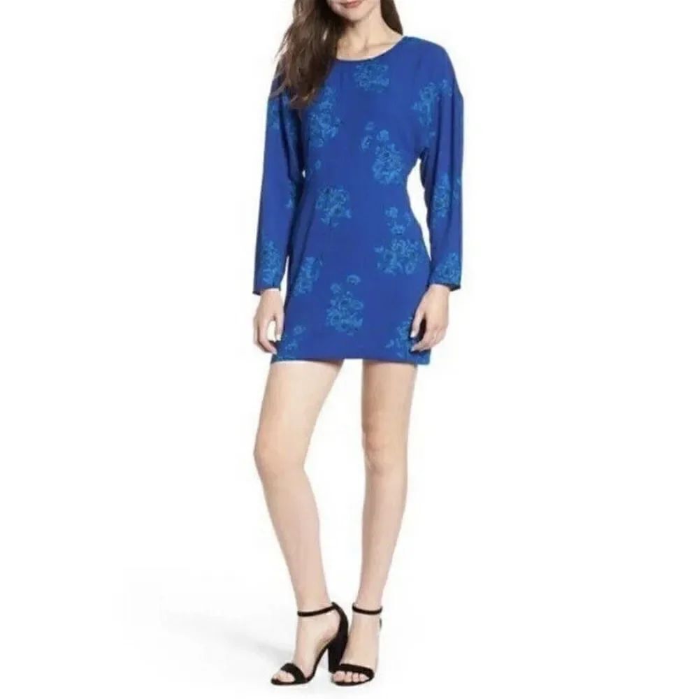 Leith Blue Floral A-Line Dress Knee Length Long Sleeve Scoop Neck Women Size XXS